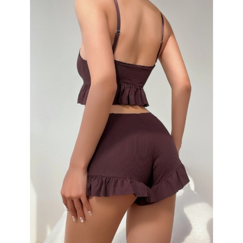 Size	8 Medium Chocolate Brown Contrast Lace Ruffle Hem Lingerie Set